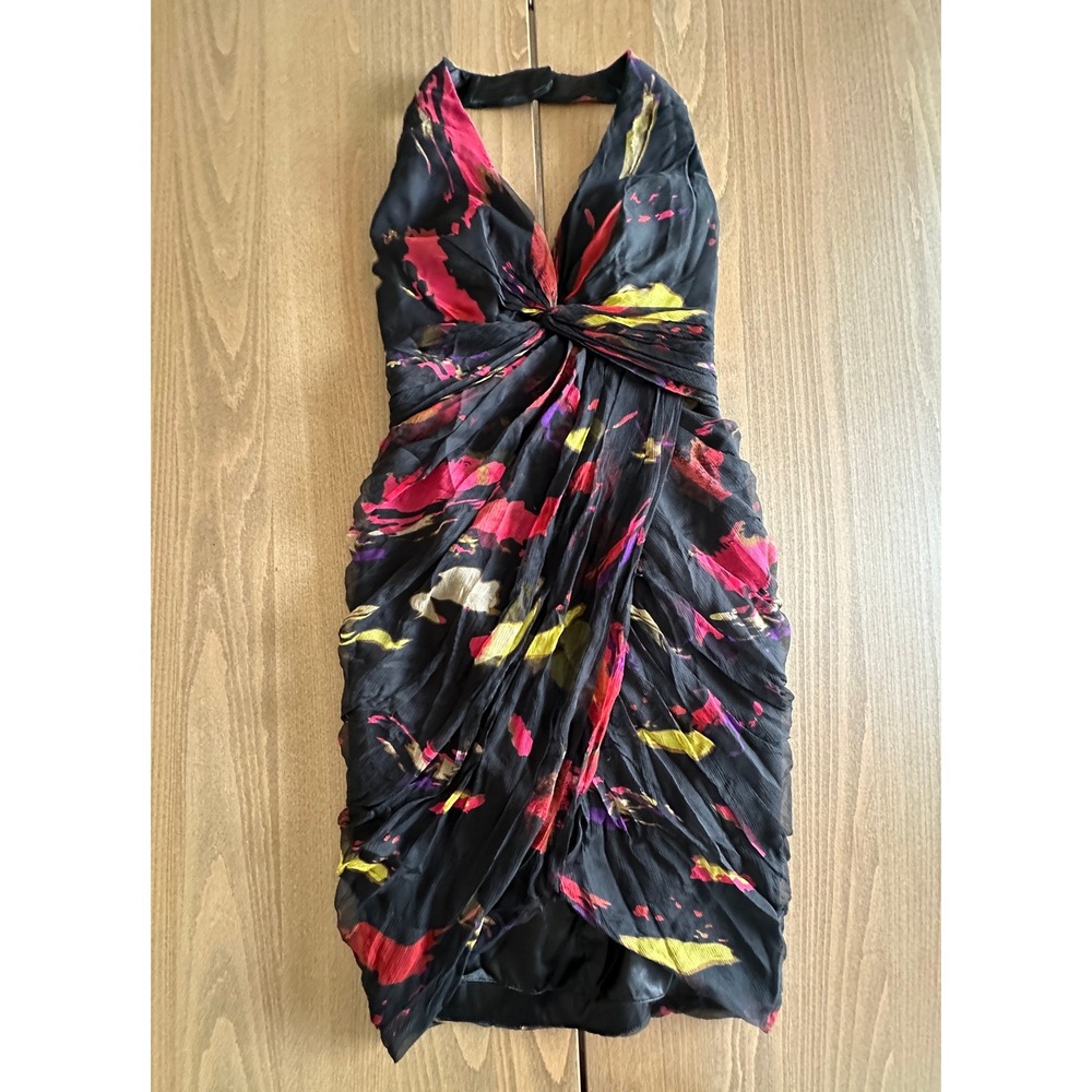 Aidan Mattox Silk Halter Mini Dress Black Abstract Print Pink Yellow Size 2